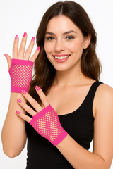 Bright Pink Short Fishnet Fingerless Gloves