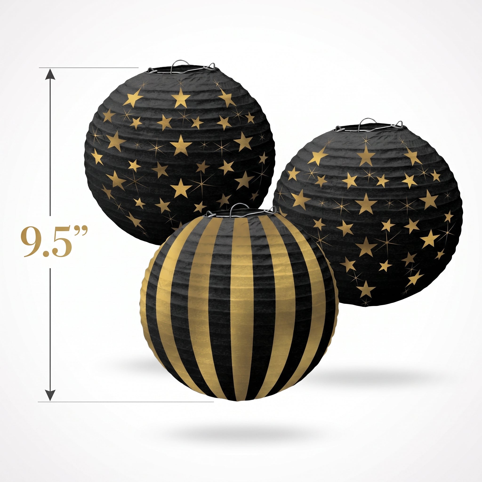 Hollywood Glitz & Glam Gold Stars and Stripes Paper Lanterns, 3-Pack
