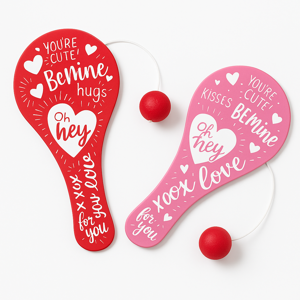 Valentine's Day Heart Paddle Ball Toys - Pack of 12