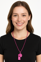 Bright Pink Beaded Necklace with Whistle - Party Accessory