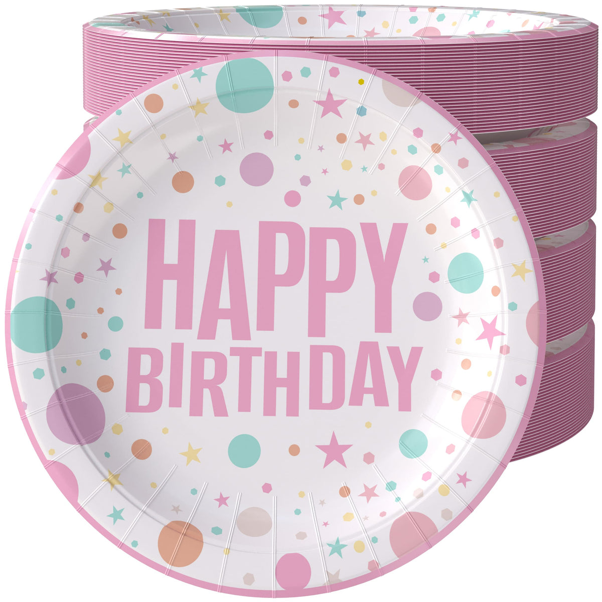 9 In. Pink Birthday Print Paper Plates - 50 Ct.