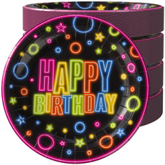 9 In. Neon Birthday Print Paper Plates - 50 Ct.