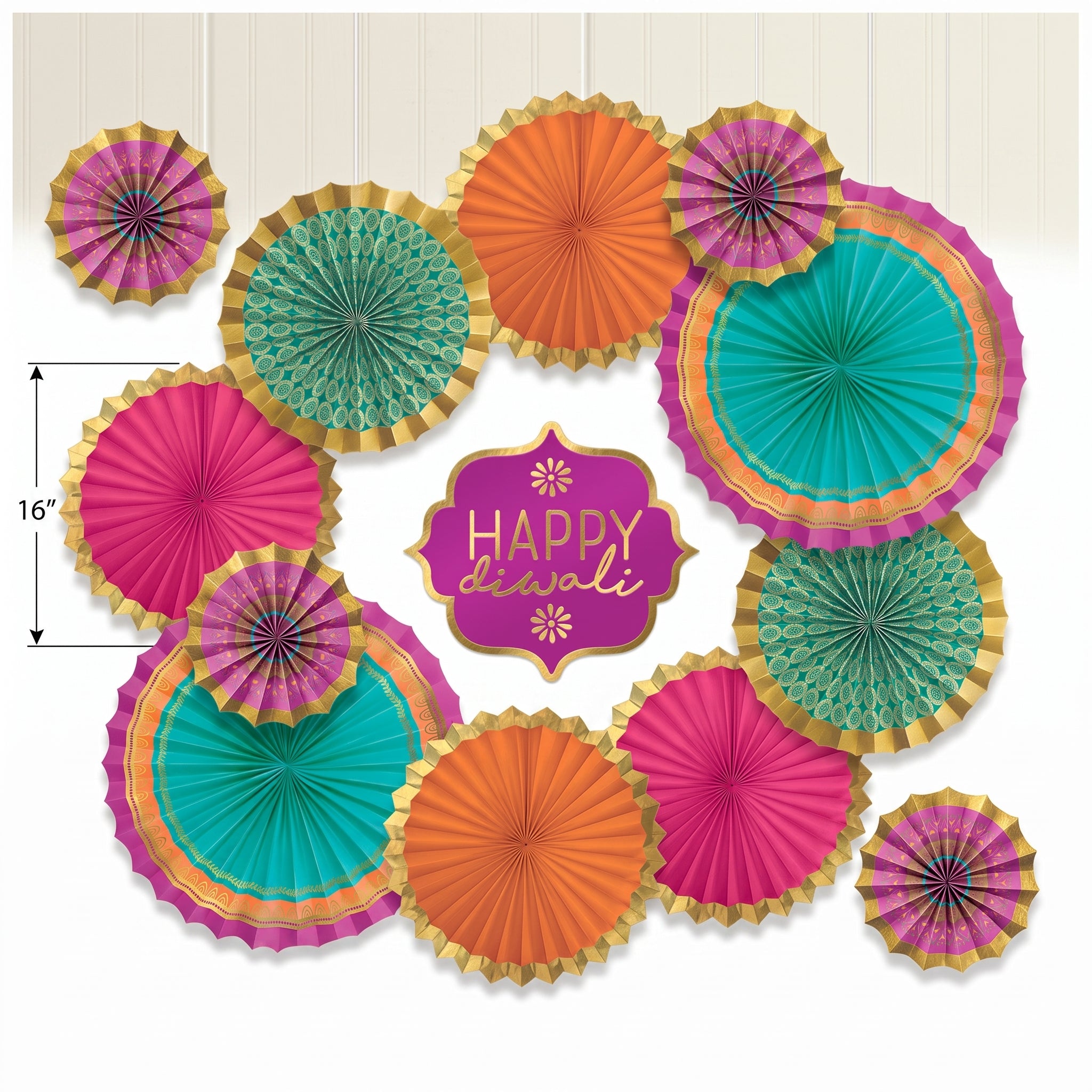 Vibrant Diwali Paper Fan Decoration Kit with "Happy Diwali" Sign