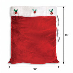 Plush Velour Santa Gift Bag with Holly and Berries
