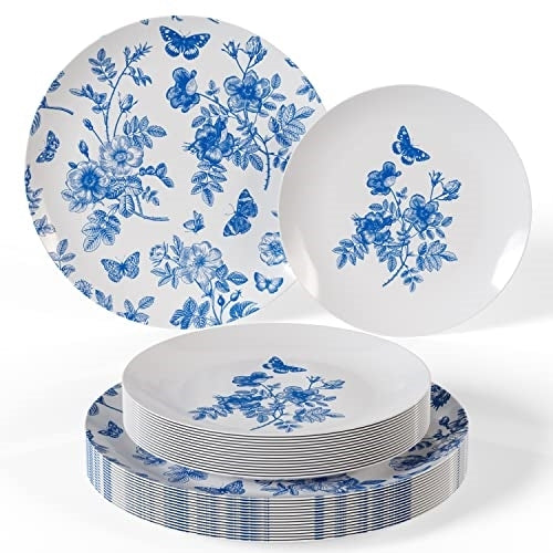 Factory Direct Part 40 Ct. Elegant Blue and White Floral Plastic Plates | Factory Direct Party