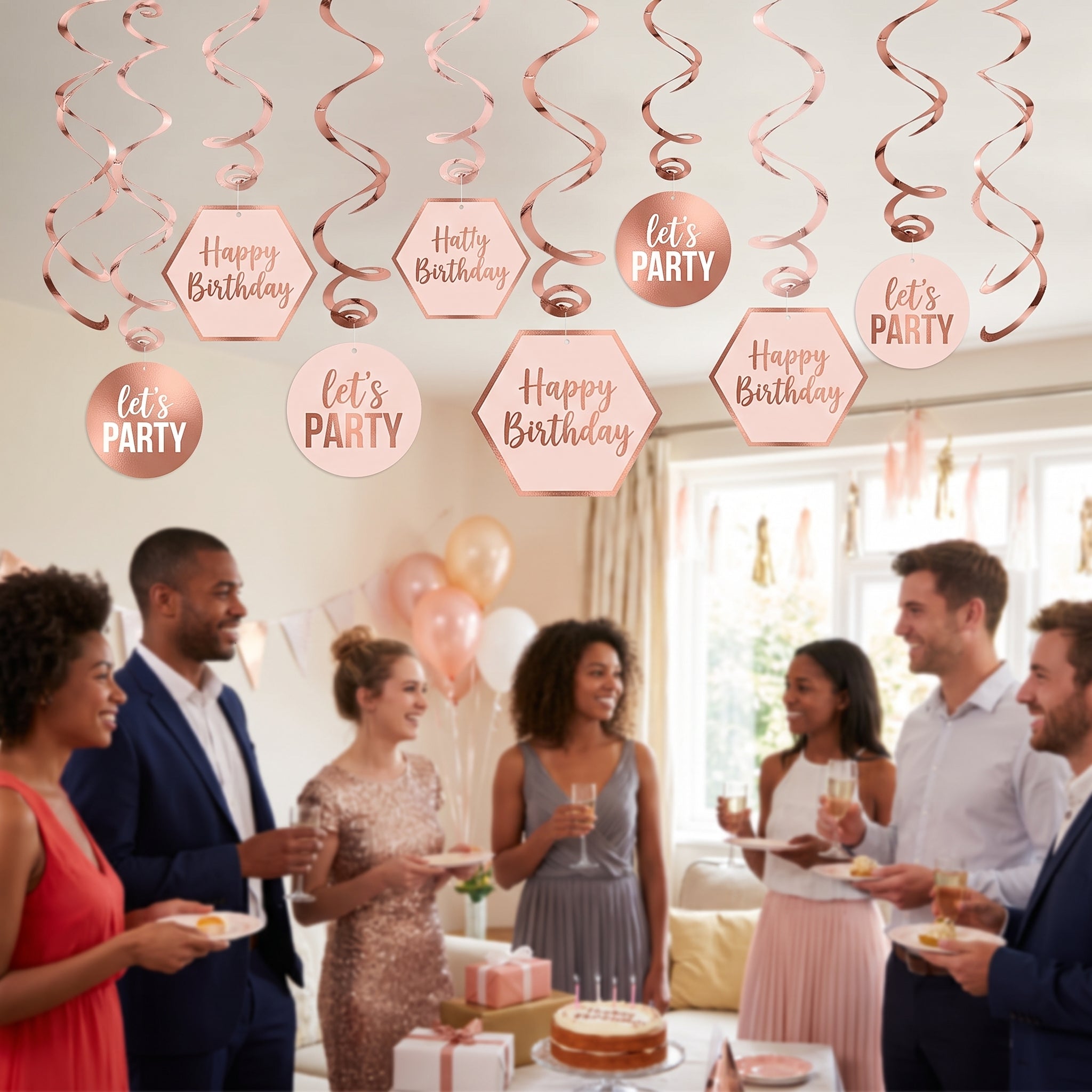Blush Birthday Swirl Hanging Decorations, Rose Gold, 12-Pack