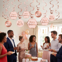 Blush Birthday Swirl Hanging Decorations, Rose Gold, 12-Pack