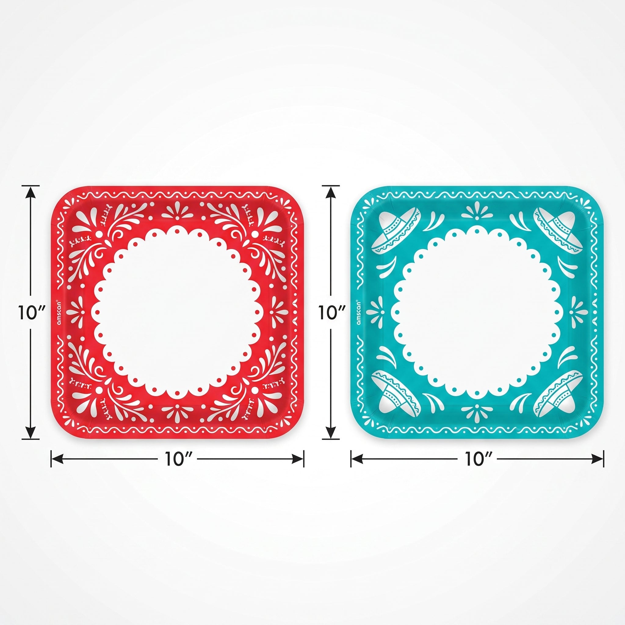 Viva La Party Fiesta Square Dinner Plates, Red/Turquoise, 10-Inch, 20-Pack - 10 in.