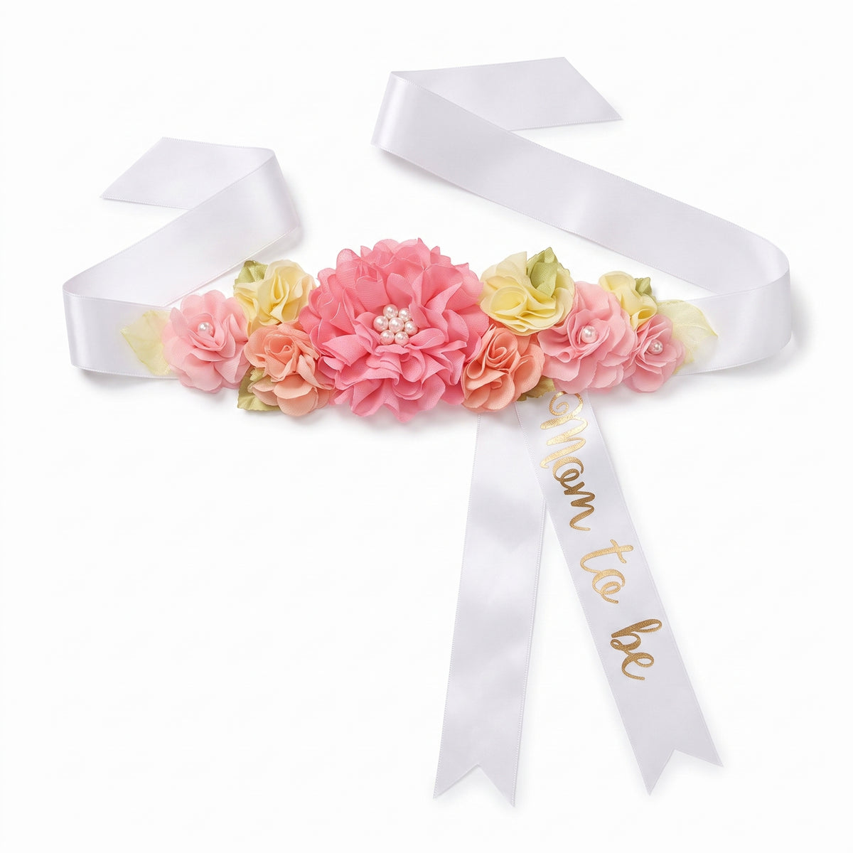 Floral "Mom to Be" Baby Shower Sash with Pink and Yellow Flowers