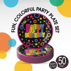 7 In. Neon Birthday Print Paper Plates - 50 Ct.