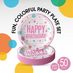 9 In. Pink Birthday Print Paper Plates - 50 Ct.