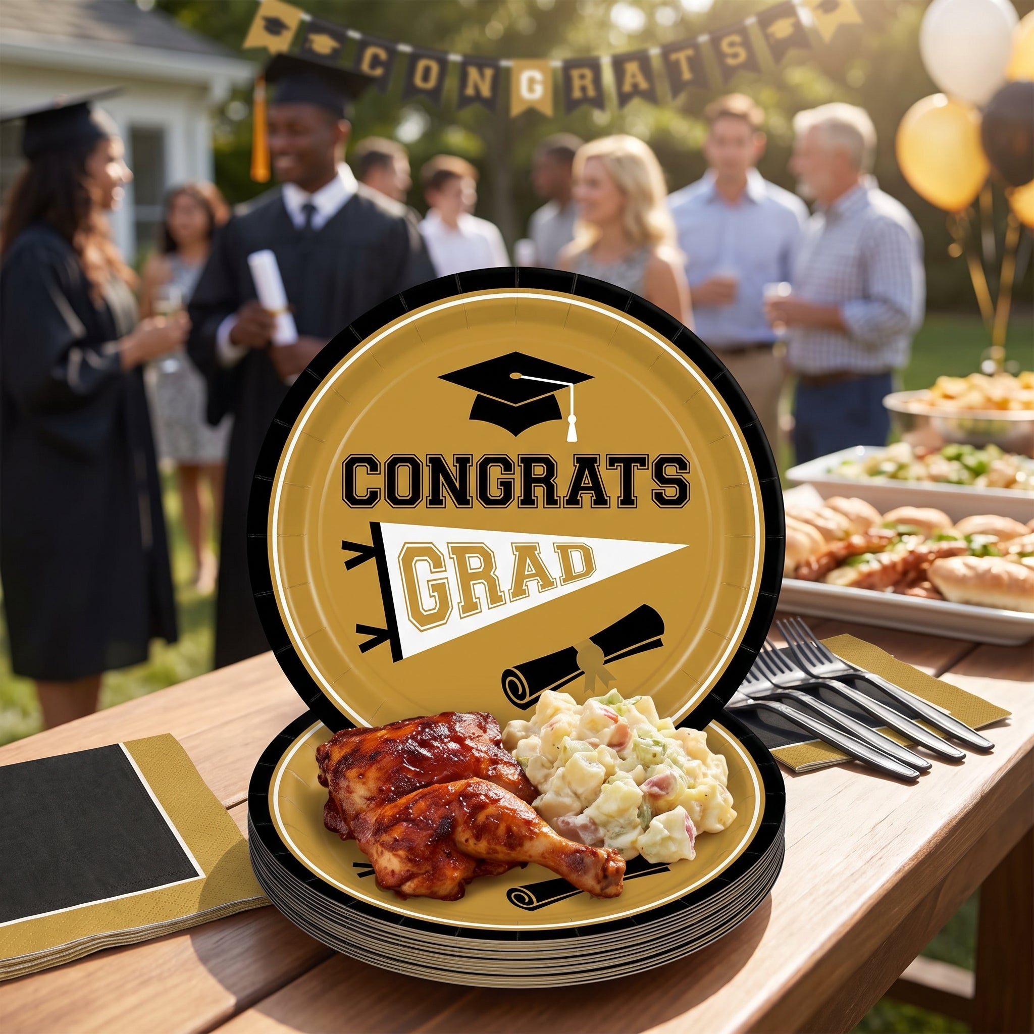 "Congrats Grad" Gold Round Paper Plates, 8.5-Inch, 20-Pack
