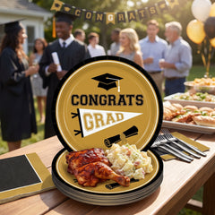 "Congrats Grad" Gold Round Paper Plates, 8.5-Inch, 20-Pack