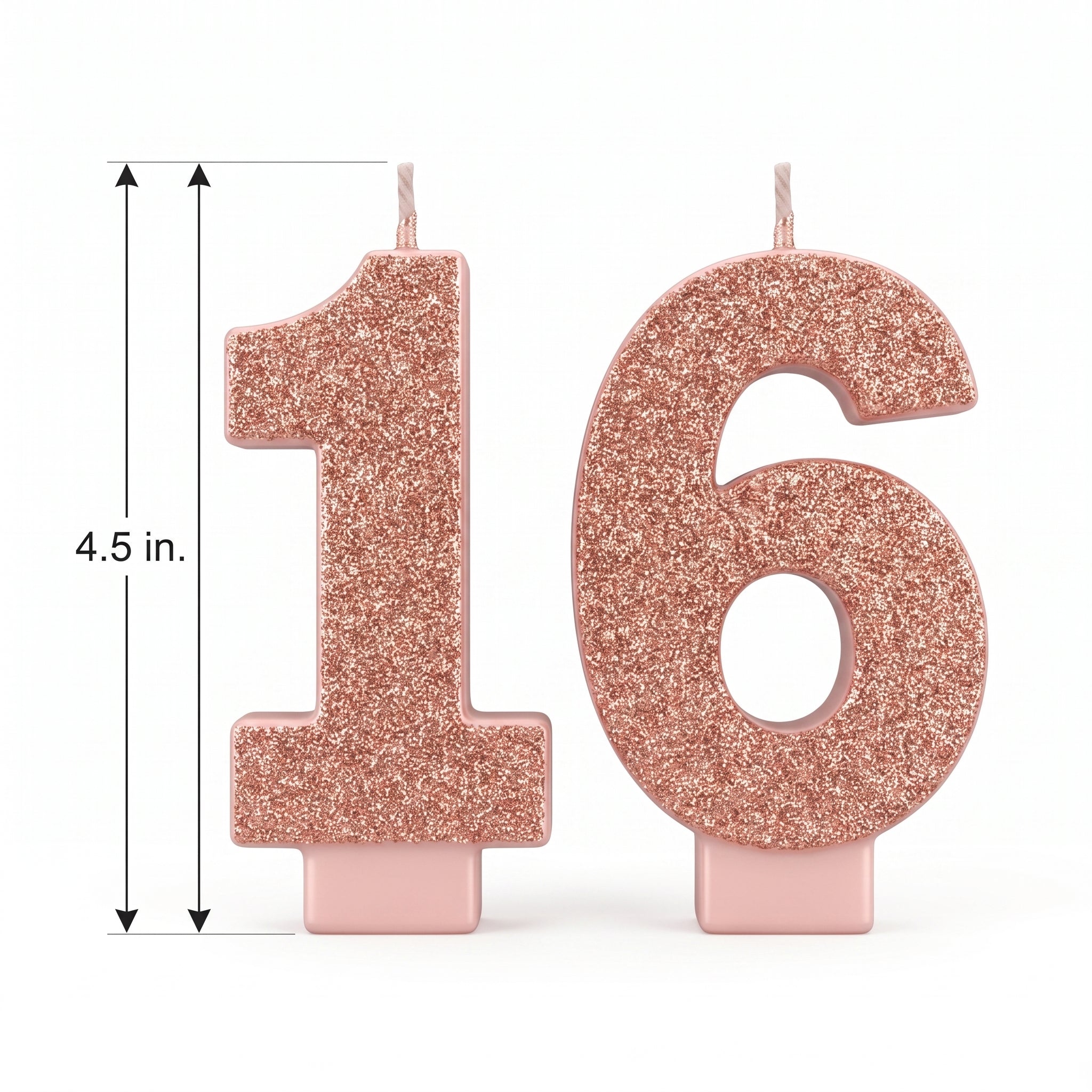 Sweet Sixteen Glitter Number Candles, Rose Gold, 4.5-Inch, Set of 2