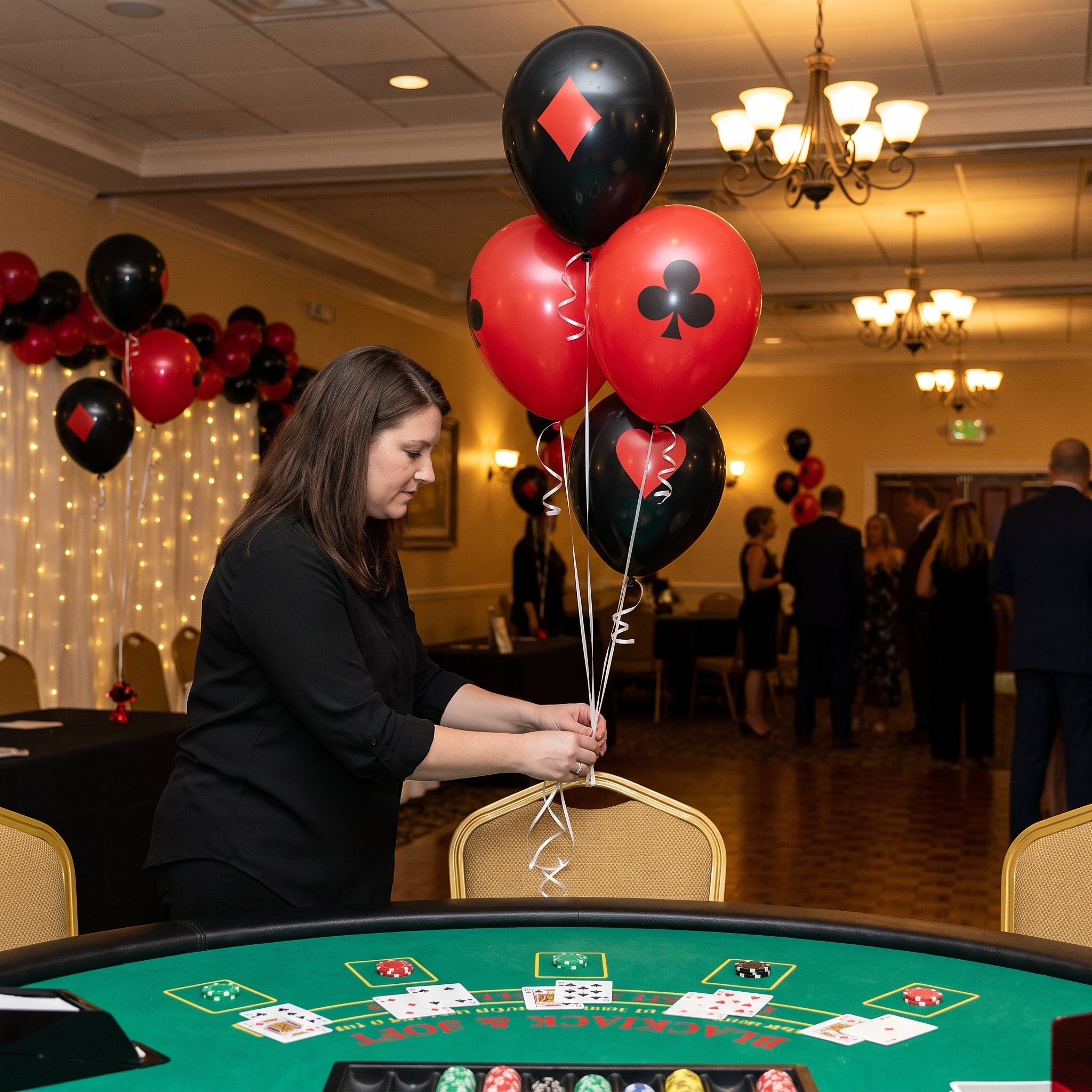 Casino Theme Printed Latex Balloons, Black & Red, 6-Pack