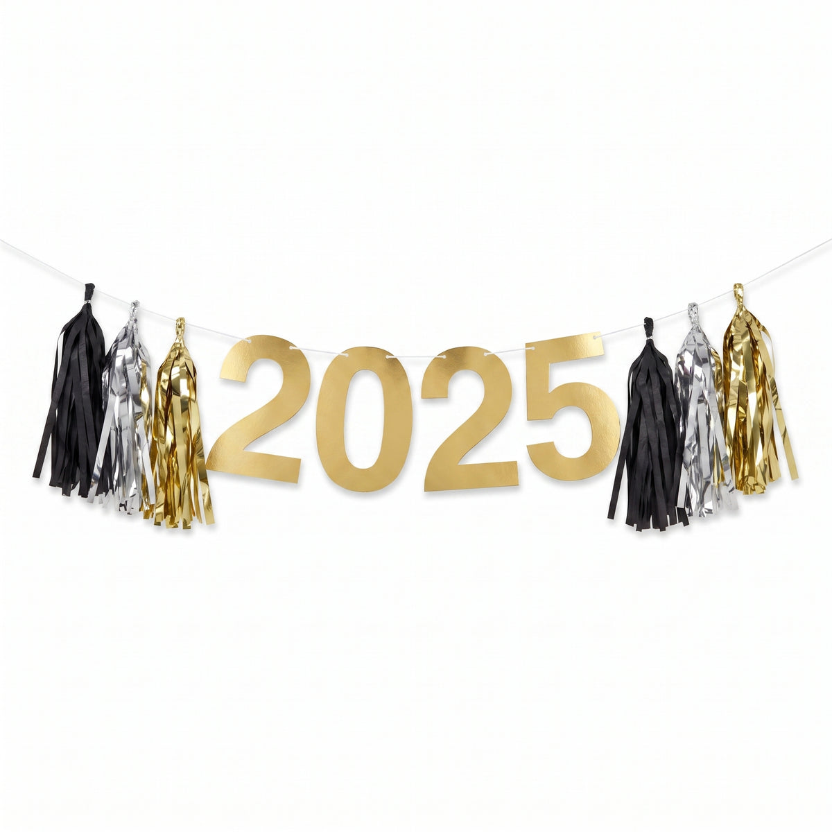 "2025" New Year's Tassel Garland Banner in Gold, Black, and Silver - 8 ft