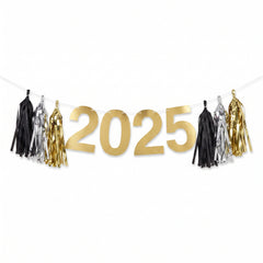 "2025" New Year's Tassel Garland Banner in Gold, Black, and Silver - 8 ft