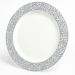 Silver Lace Trim Premium Plastic Dinner Plates - 10 Inch, Set of 10
