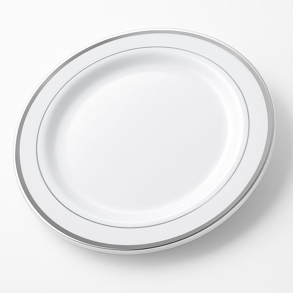 Premium 12" White with Silver Trim Round Dinner Plates