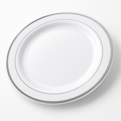 Premium 12" White with Silver Trim Round Dinner Plates