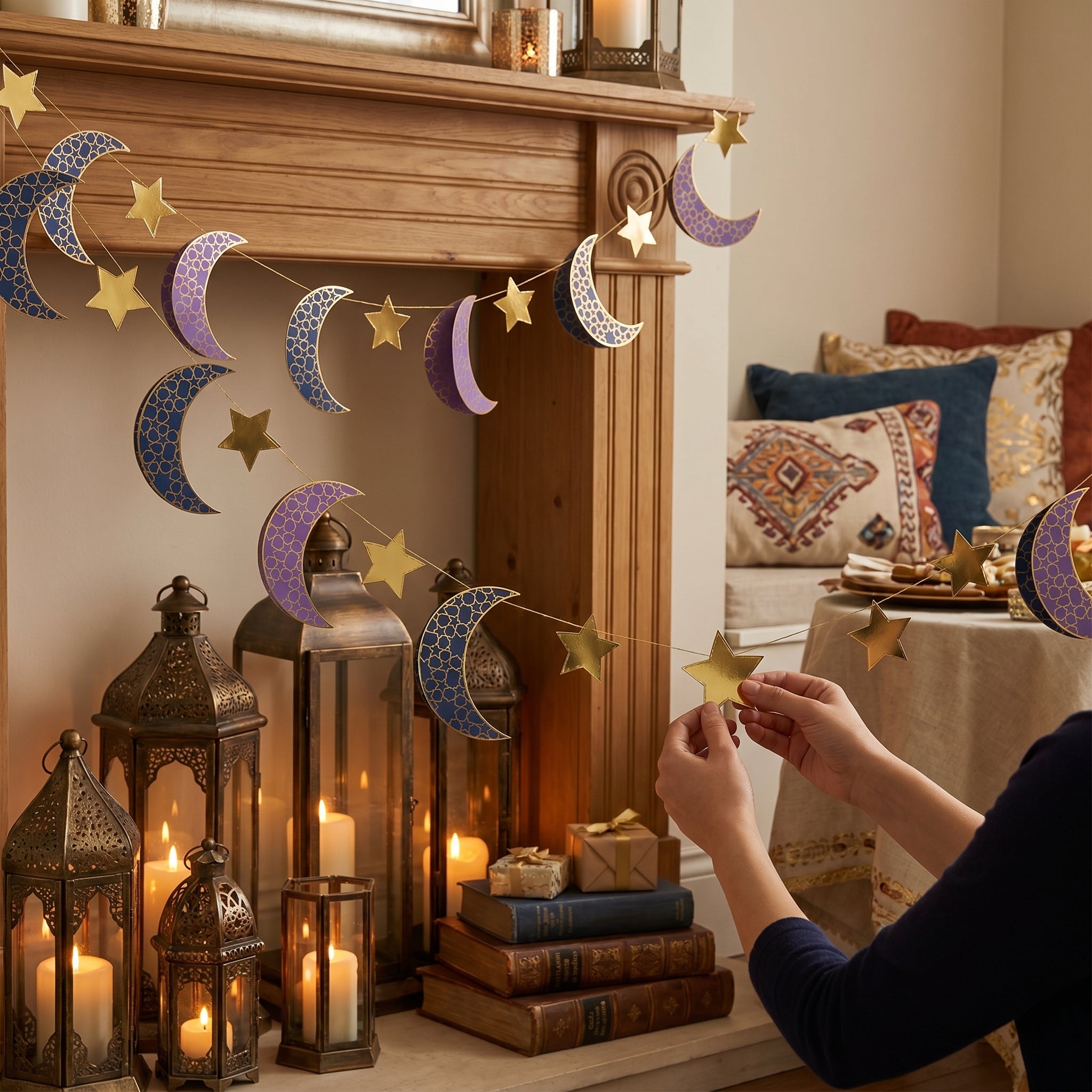 Moon & Star String Decorations - Blue, Purple & Gold, 7 ft, 6-Pack for Eid Celebrations