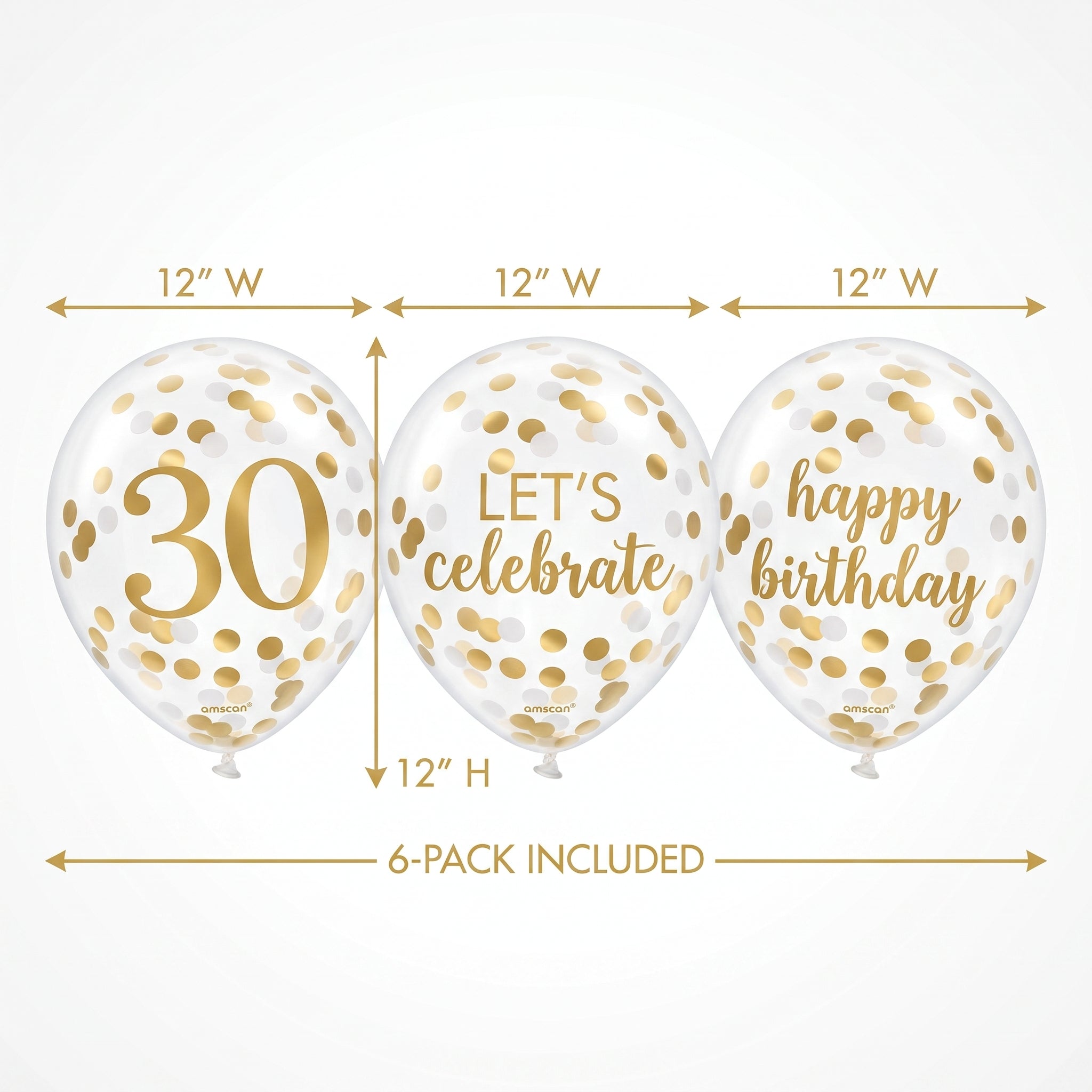 Golden 30th Birthday Confetti Latex Balloons, 12-Inch, 6-Pack