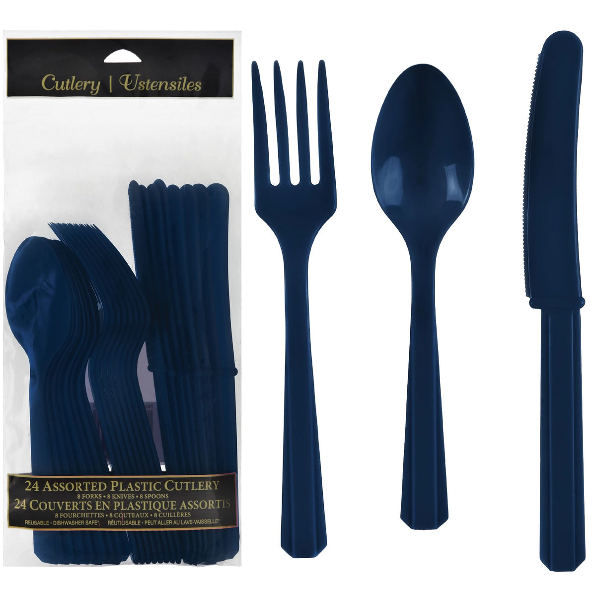 Navy Blue Plastic Cutlery Set - 24 Assorted Pieces