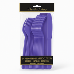 Purple Assorted Plastic Cutlery Set - 24 Pieces