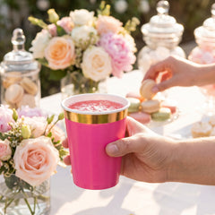 Bright Pink Paper Cups with Gold Trim - 12oz