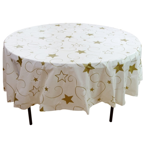 Round Gold Star Printed Plastic Table Covers | 12 Pack