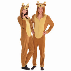 Adult Reindeer Fleece Jumpsuit with Hood - L/XL Size