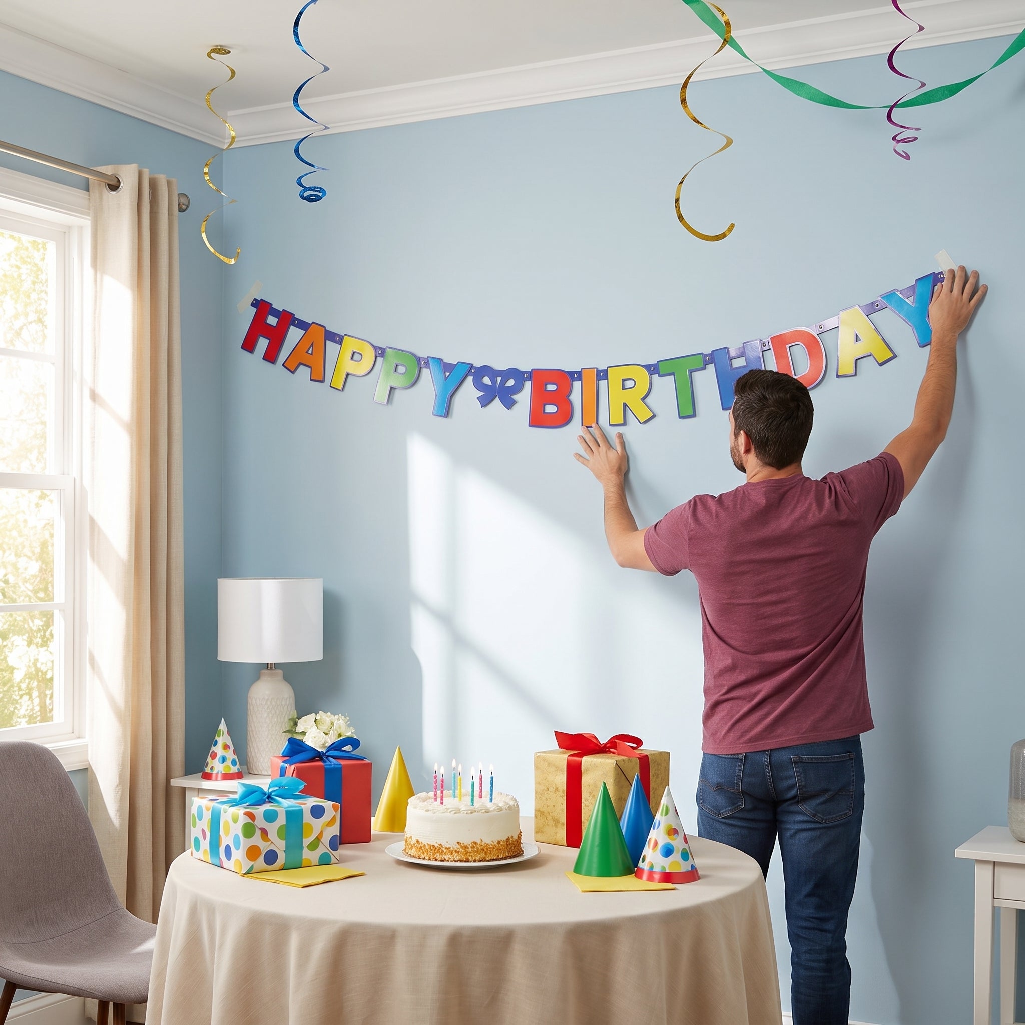 Colorful Happy Birthday Banner with Polka Dots and Party Horns