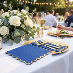 Royal Blue Scalloped Luncheon Napkins - 6.5 In. x 6.5 In. with Gold Trim