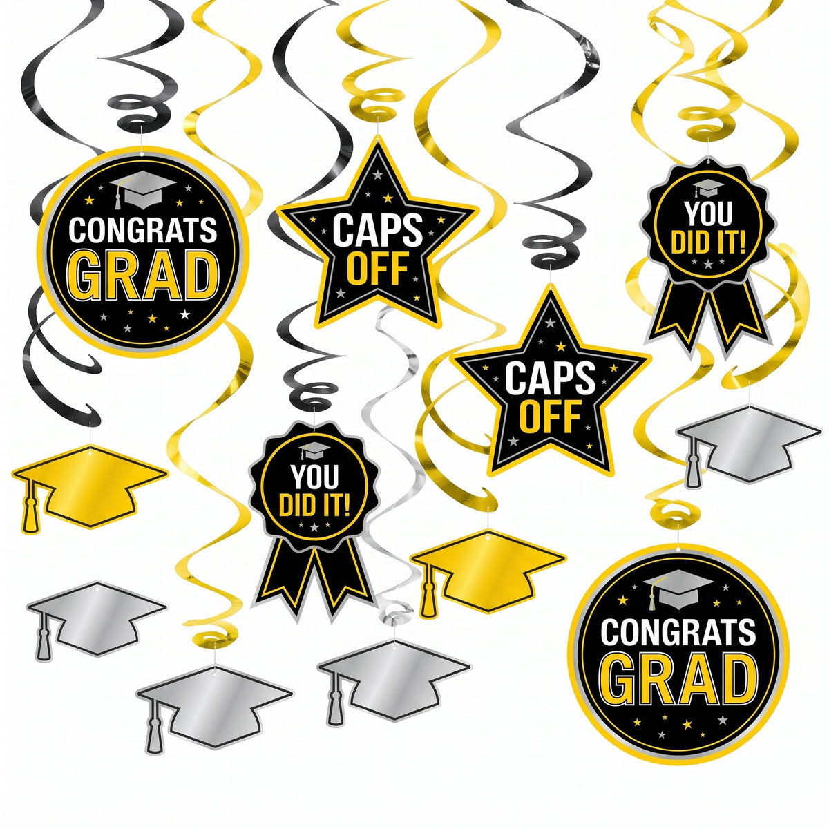 Yellow Graduation Swirl Hanging Decorations, 12-Pack