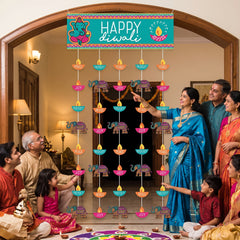 "Happy Diwali" Doorway Curtain with Ganesh & Elephant Motifs, 77-inch
