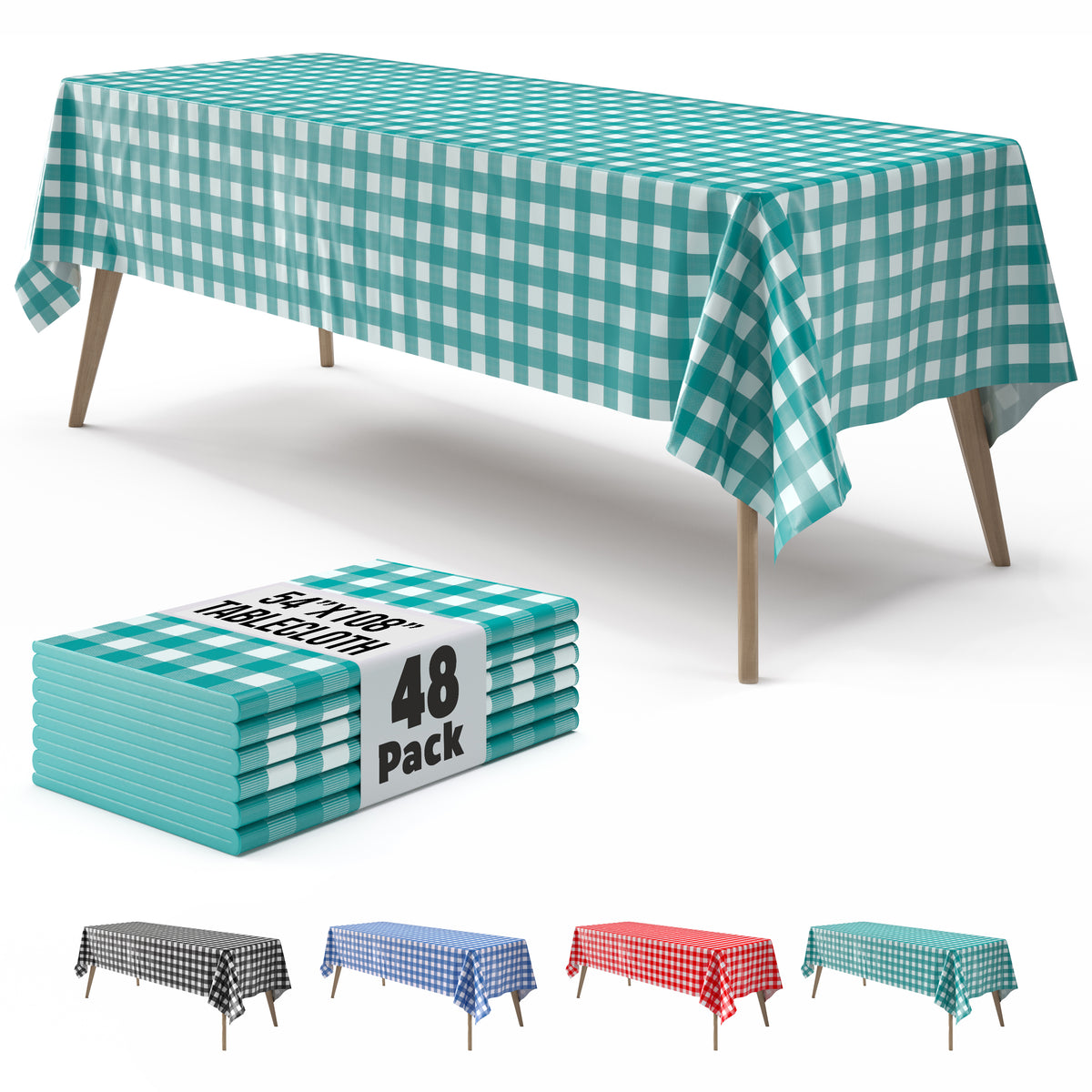 Teal Gingham Plastic Table Cover | Case of 48 | 54 in. x 108 in.