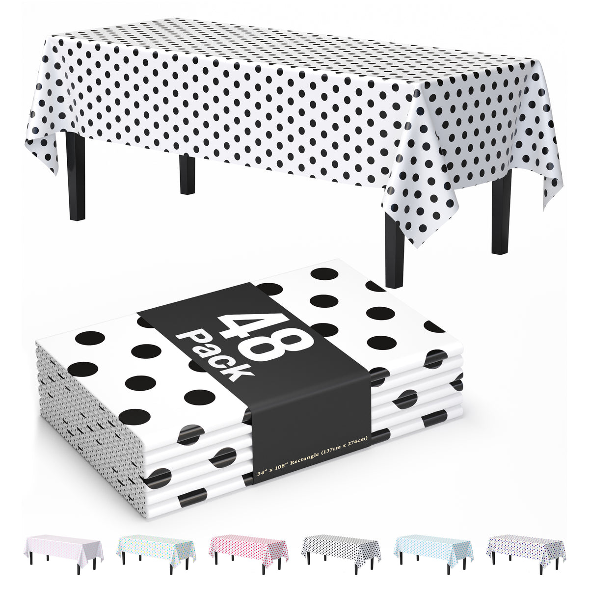 Black Polka Dot Plastic Table Cover | 54 in. x 108 in. | Case of 48