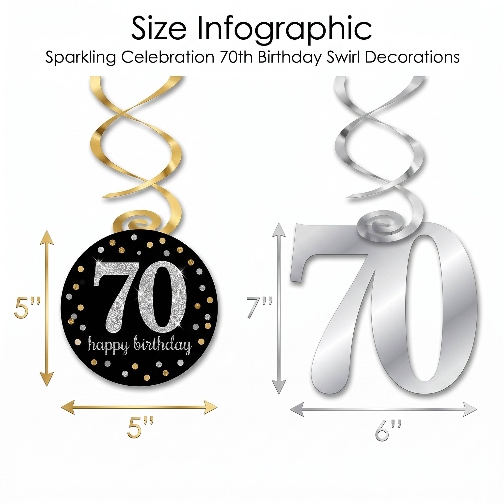 Sparkling Celebration 70th Birthday Swirl Decorations - Metallic Gold, Silver, and Black