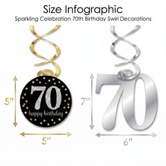 Sparkling Celebration 70th Birthday Swirl Decorations - Metallic Gold, Silver, and Black