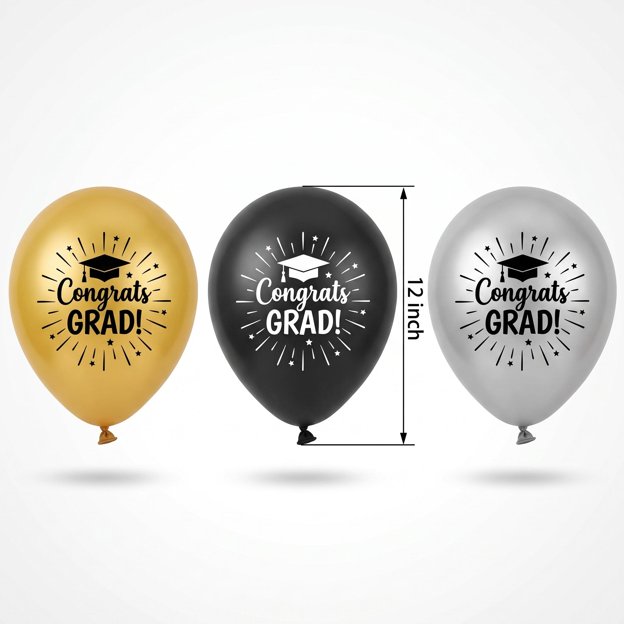 Congrats Grad Latex Balloons - Black, Gold & Silver, 12-inch, 15-Pack