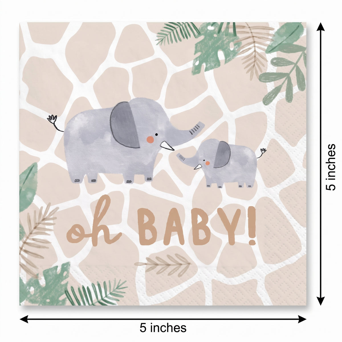 Jungle Baby "Oh Baby" Elephant Beverage Napkins - 16 Pack - 5 In. X 5 In.