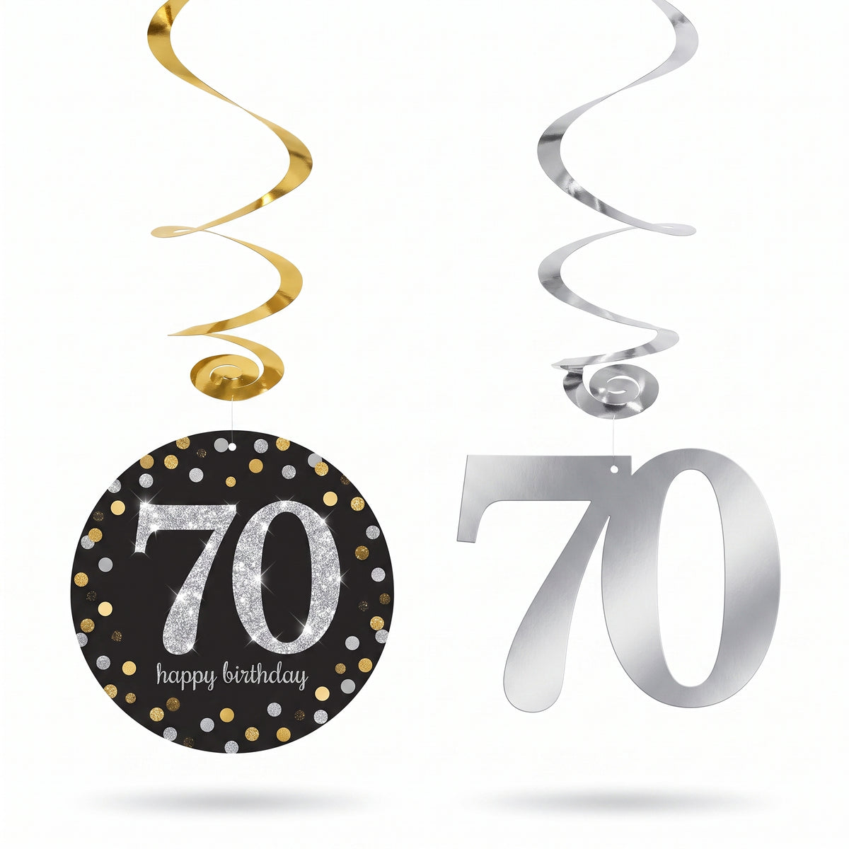 Sparkling Celebration 70th Birthday Swirl Decorations - Metallic Gold, Silver, and Black