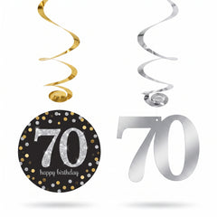 Sparkling Celebration 70th Birthday Swirl Decorations - Metallic Gold, Silver, and Black