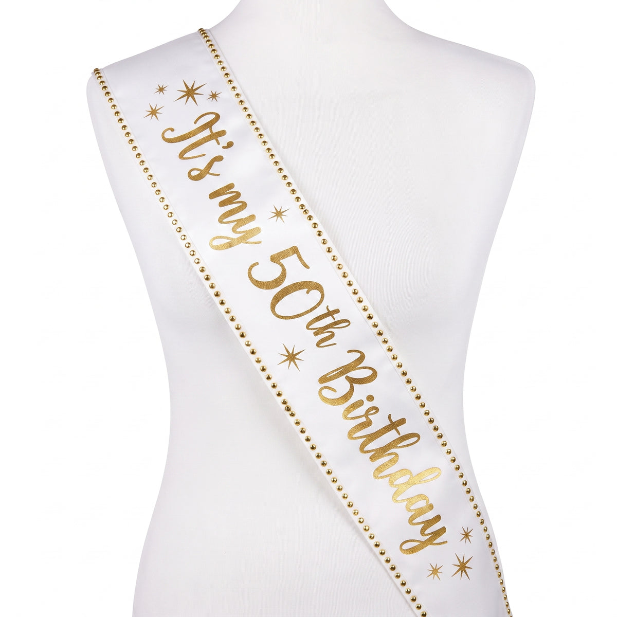 Golden Age 50th Birthday Sash - Elegant White and Gold Wearable Party Accessory