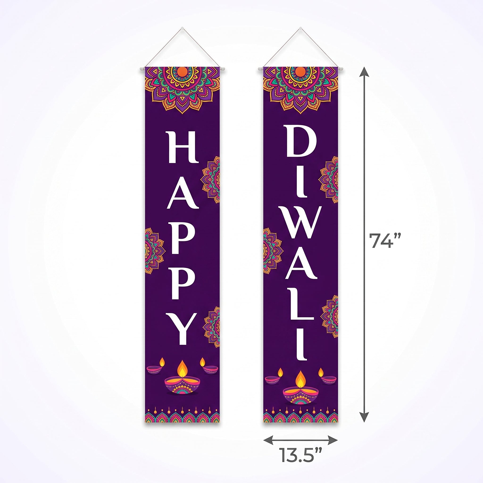 "Happy Diwali" Hanging Door Flags - 8 ft, 2-Pack