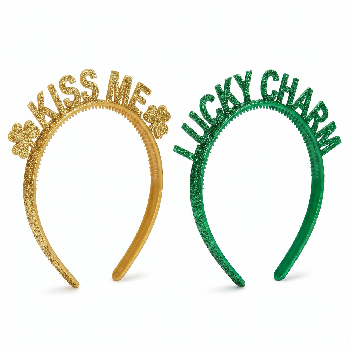 St. Patrick's Day Glitter Headbands - "Kiss Me" and "Lucky Charm", 6 Pack