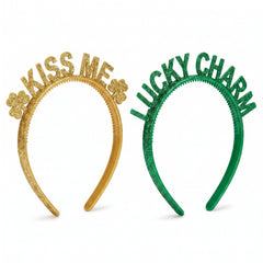 St. Patrick's Day Glitter Headbands - "Kiss Me" and "Lucky Charm", 6 Pack