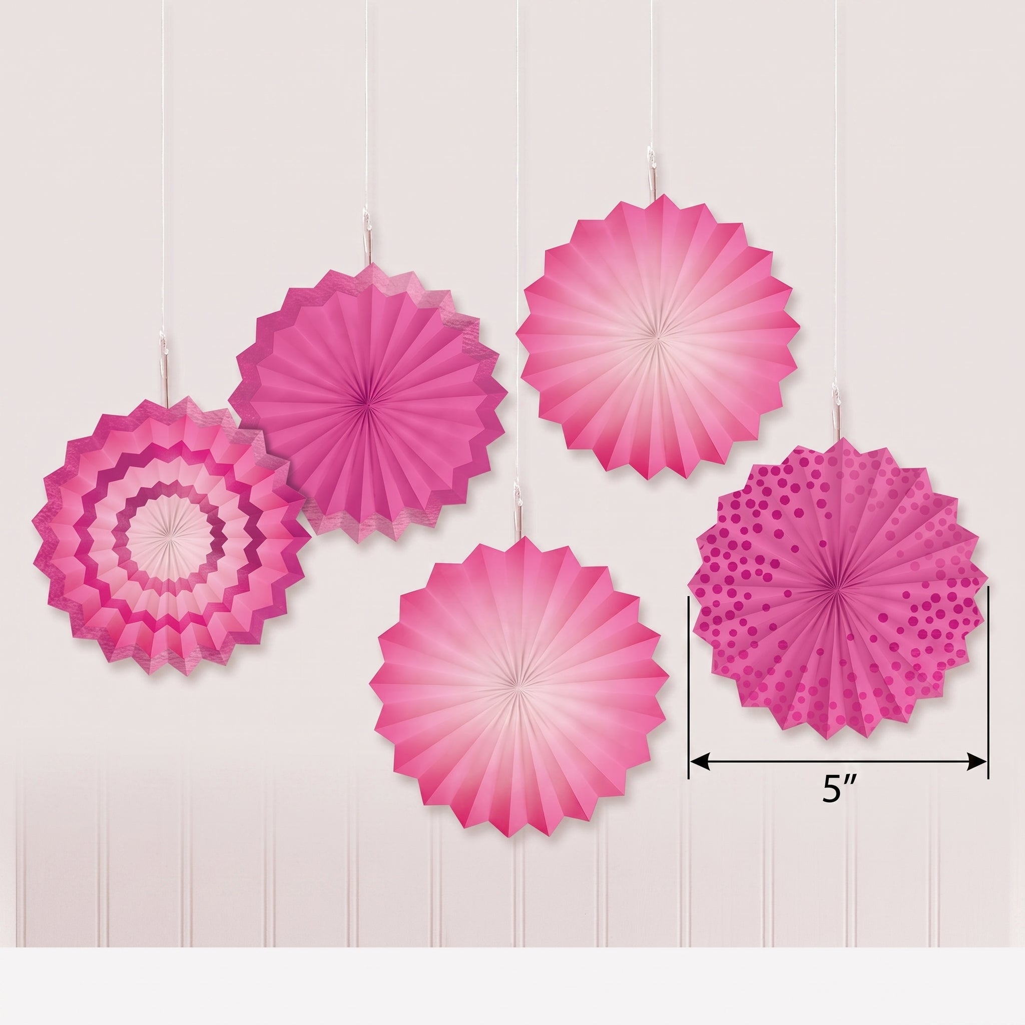 Bright Pink Patterned Paper Fan Decorations - 5 Inch, 5-Pack