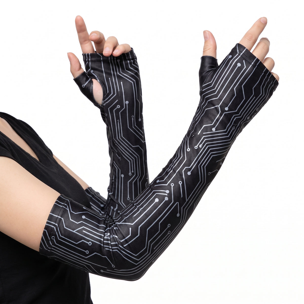 Cyberpunk Long Arm Gloves for Adults - Black Futuristic Halloween Accessory