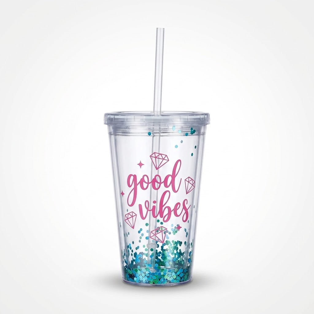 Sparkle "Good Vibes" Double Wall Tumbler with Straw, 12oz